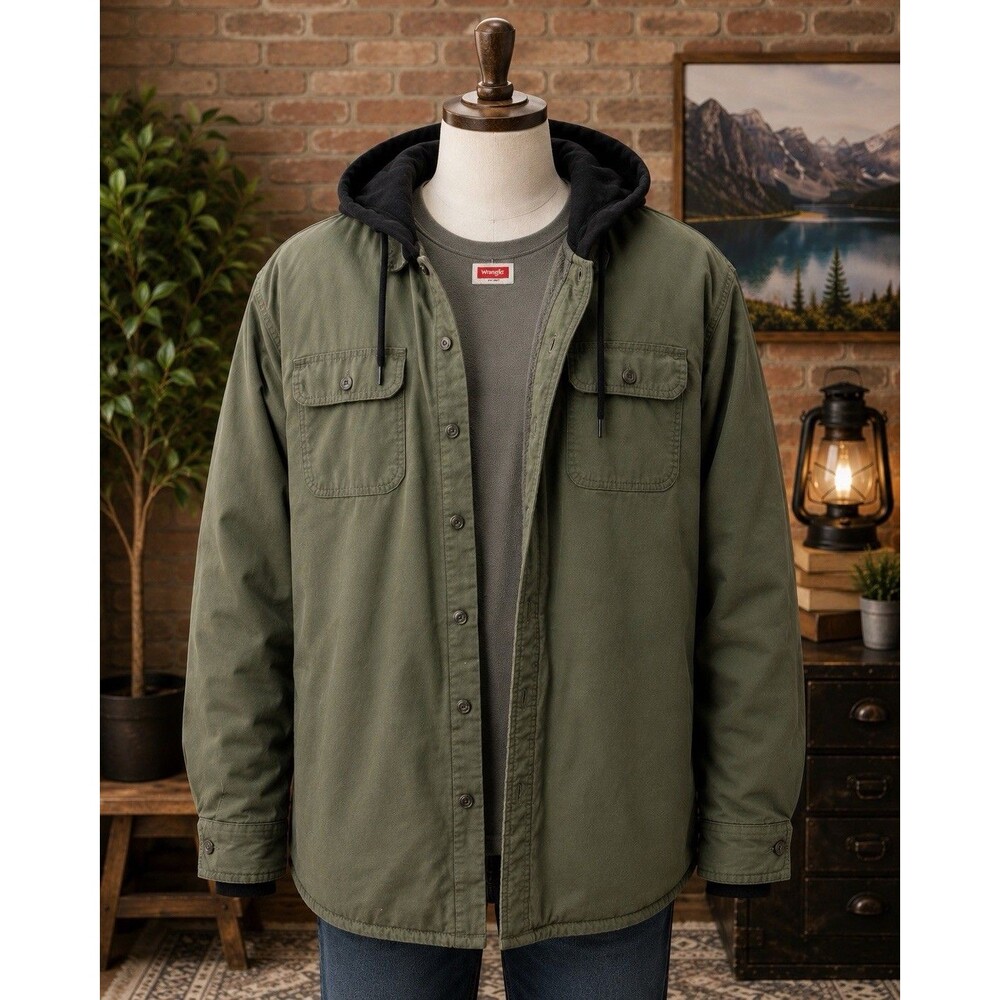 Wrangler Men's Green Hooded Fleece Lined Button Front Shacket Jacket 2XL